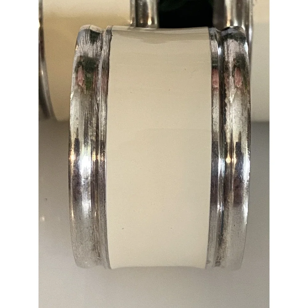 Vintage Set Of‎ 7 Silver Plated And Beige Enamel Napkin Rings Great Quality MCM